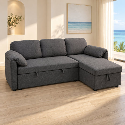 BELLO Dark Grey reversible chaise sofa bed in closed seating configuration