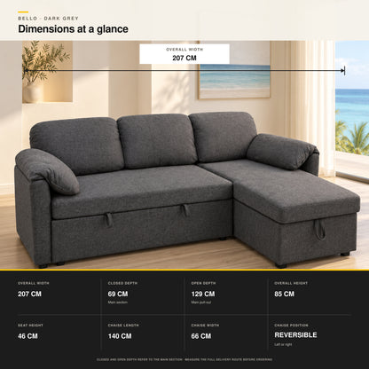BELLO Dark Grey sofa bed dimensions showing width, depths, heights and chaise measurements