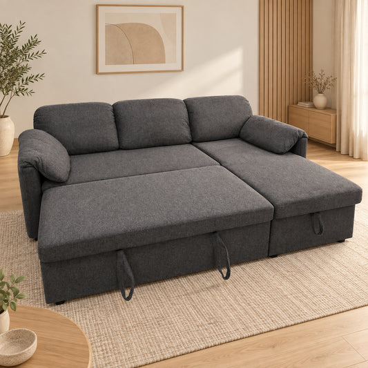BELLO Dark Grey reversible chaise sofa bed with the broad pull-out platform fully opened