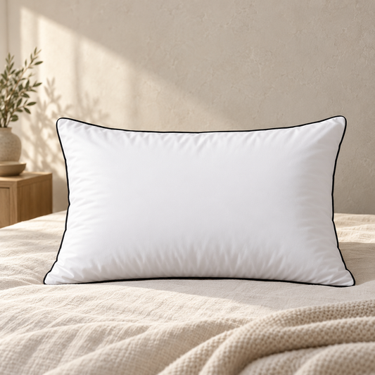 VELINENS Black Line Microfiber Pillow · Medium Firm on an ivory bed at Faruma Furniture Maldives