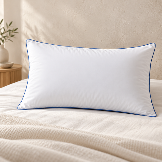 VELINENS Blue Line Microfiber Pillow · Firm on an ivory bed at Faruma Furniture Maldives