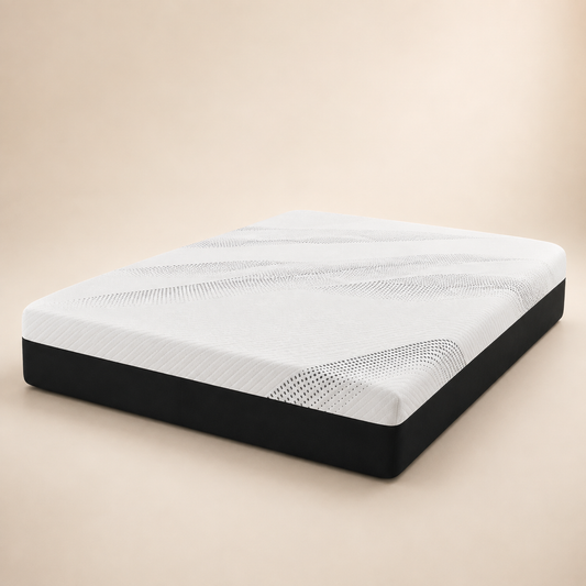 A mattress with a white textured top and a black side frame, shown at an angle on a solid beige background.