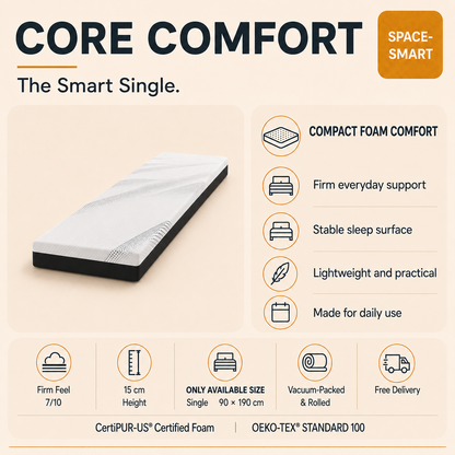 Core Comfort Single mattress in a compact warm Maldives bedroom