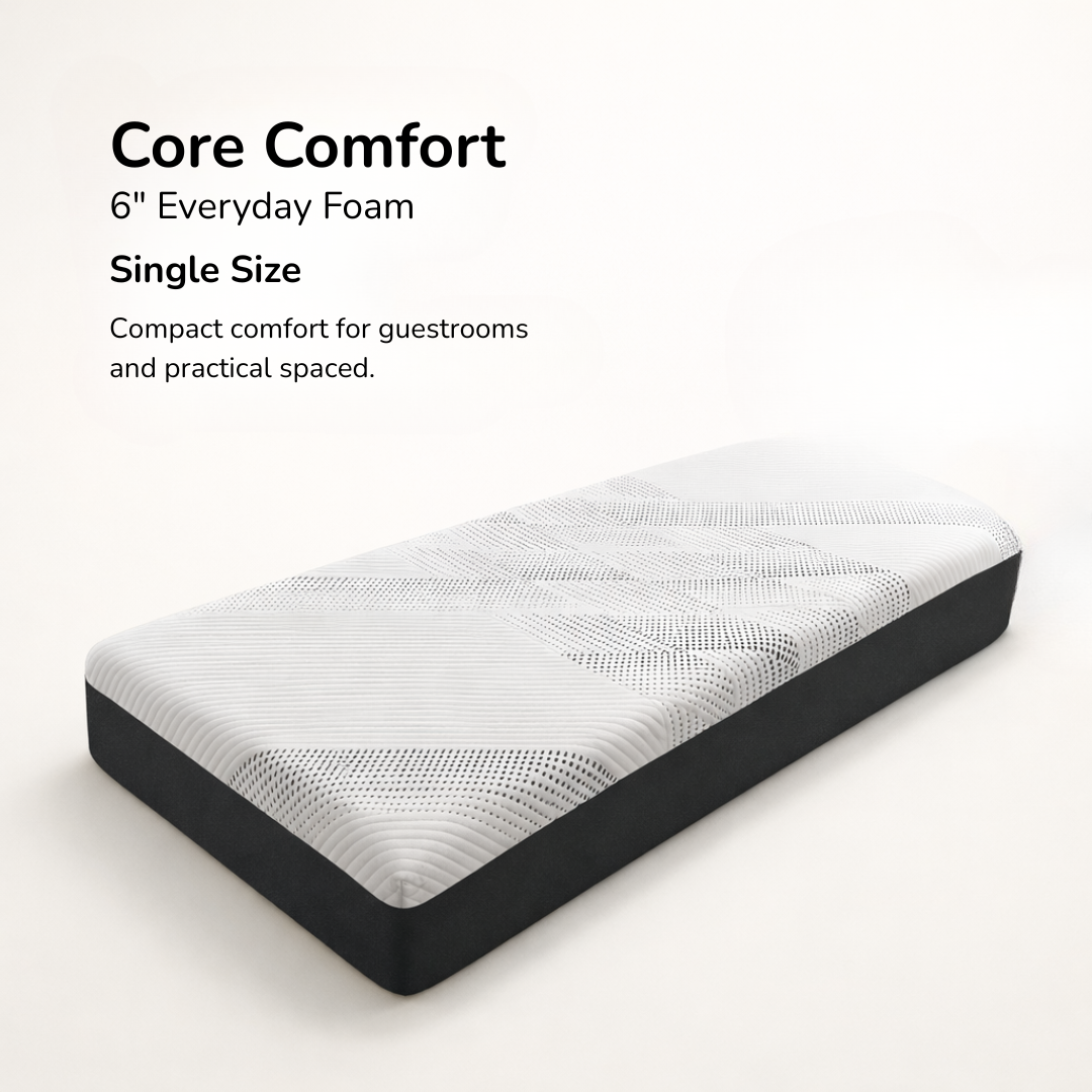 6-inch everyday foam mattress on a white background with text describing its features.