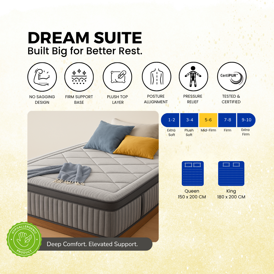 Dream Suite premium hybrid mattress in a warm contemporary bedroom
