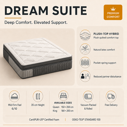 A promotional product graphic for a mattress labeled 'DREAM SUITE' on a light beige background. The mattress is shown at an angle with plush quilted top, dark gray side panels, and white stitching.