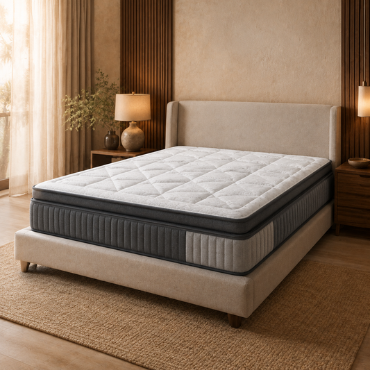 A mattress on a upholstered bed frame in a styled bedroom setting with warm wood paneling, bedside tables, lamps, and a woven rug.