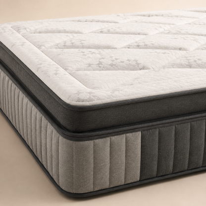 A close-up studio shot of a mattress corner showing a quilted white top surface, dark gray side panels, and a ribbed gray upholstered base on a light beige background.