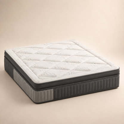 A high-profile mattress with a quilted white top surface and a dark gray ribbed side panel, shown on a solid beige background.