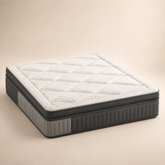 A high-profile mattress with a quilted white top surface and a dark gray ribbed side panel, shown on a solid beige background.