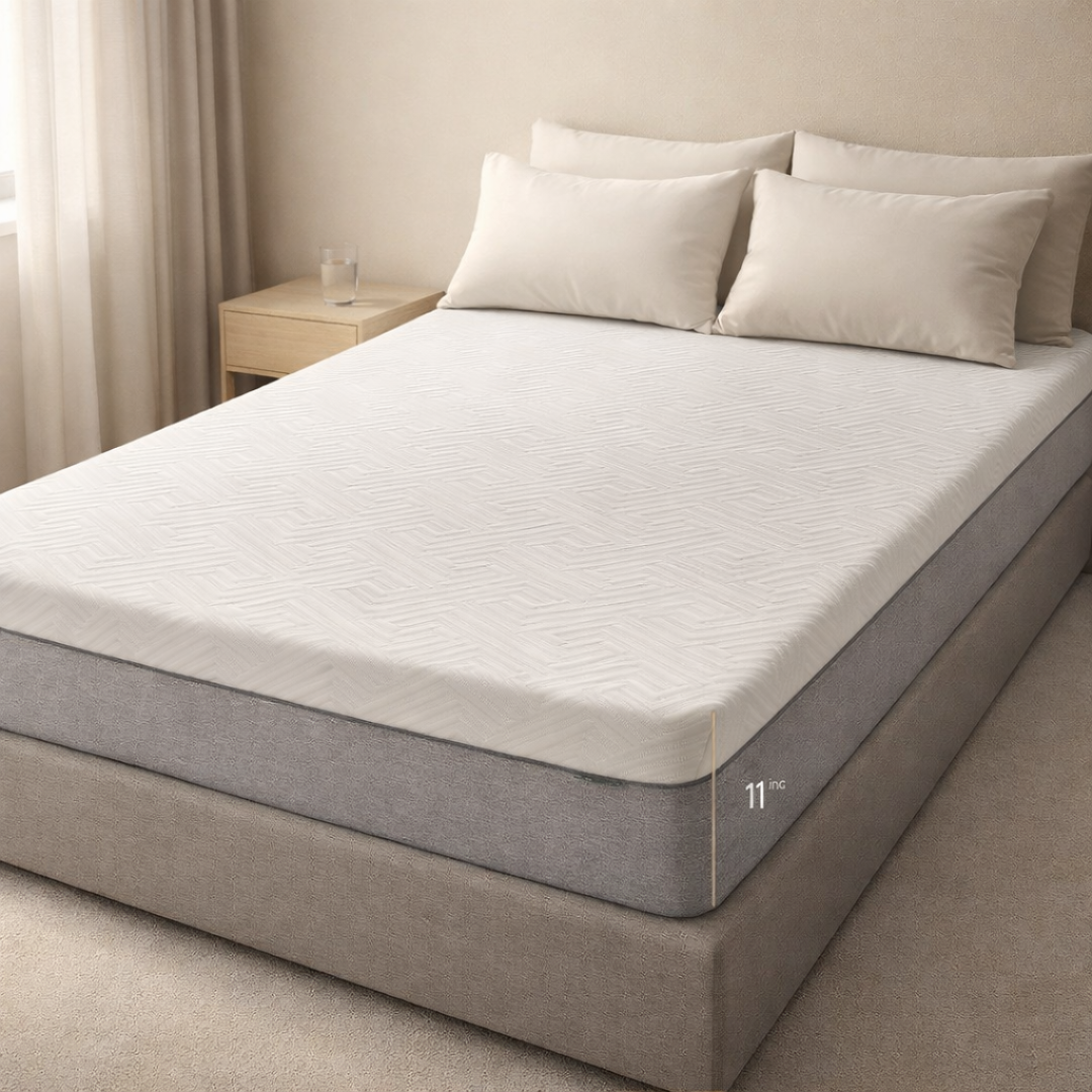 White geometric knitted cover, charcoal piping and zipper on the EcoDream mattress