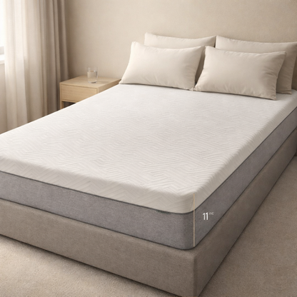 White geometric knitted cover, charcoal piping and zipper on the EcoDream mattress