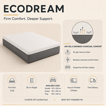 EcoDream 7 out of 10 firmness, 28 cm height and available mattress sizes