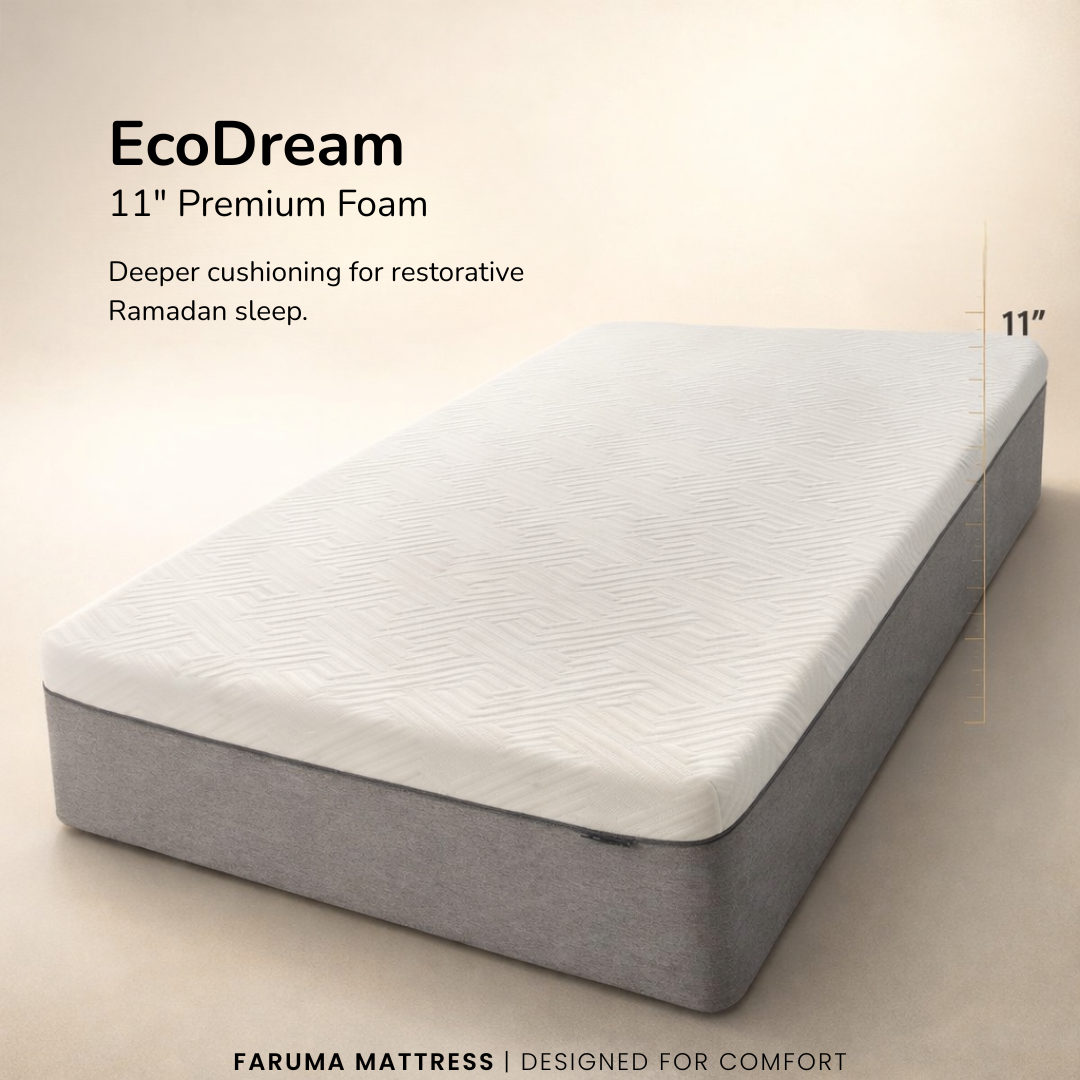 EcoDream white and charcoal-grey foam mattress displayed in the Faruma showroom