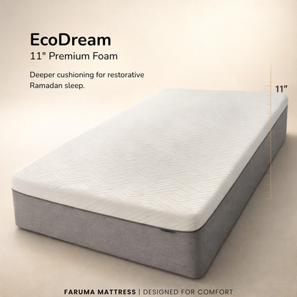 EcoDream white and charcoal-grey foam mattress displayed in the Faruma showroom