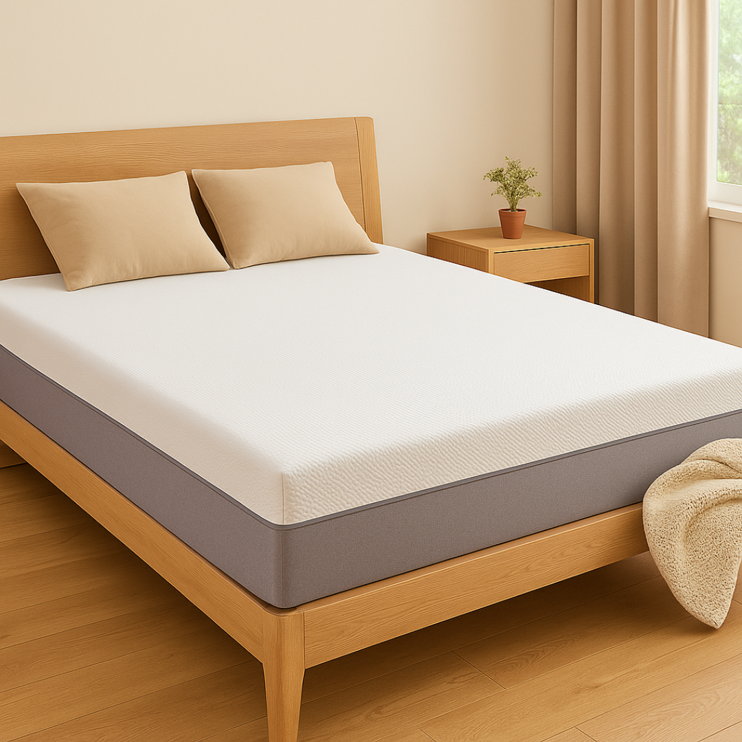 White geometric sleeping surface and charcoal-grey side of the EcoDream mattress