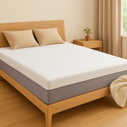 White geometric sleeping surface and charcoal-grey side of the EcoDream mattress