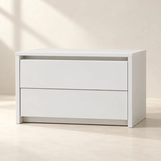 AIDA white storage module with two stacked drawers, in a warm ivory studio — styling visualisation