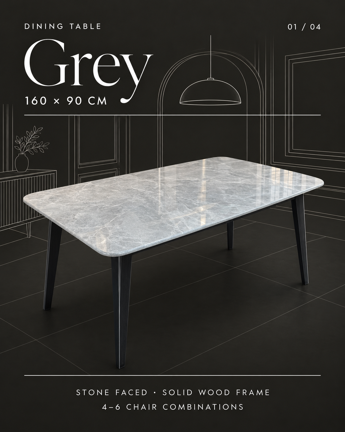 Grey stone-face dining table — 160 × 90 cm