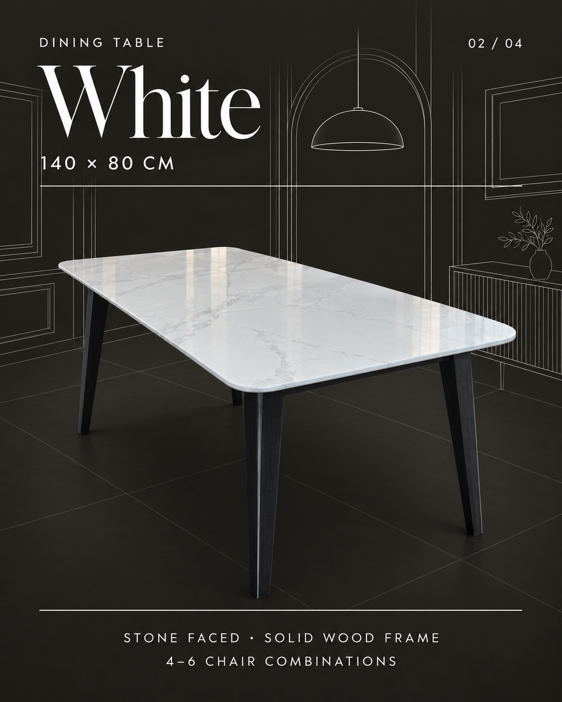 White stone-face dining table — 140 × 80 cm