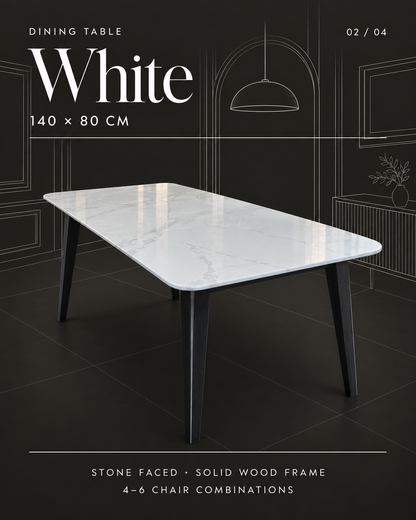 White stone-face dining table — 140 × 80 cm