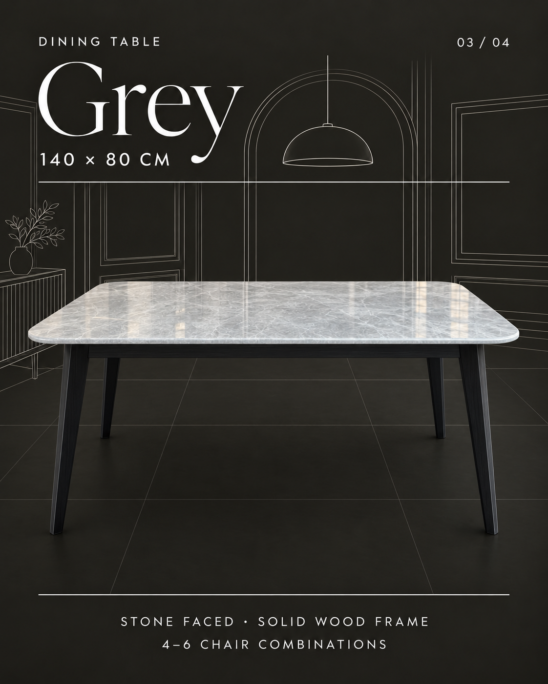 Grey stone-face dining table — 140 × 80 cm