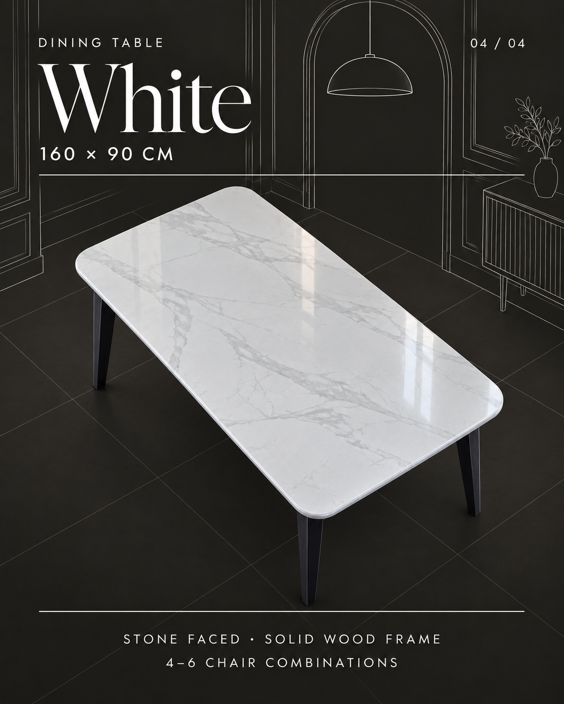 White stone-face dining table — 160 × 90 cm