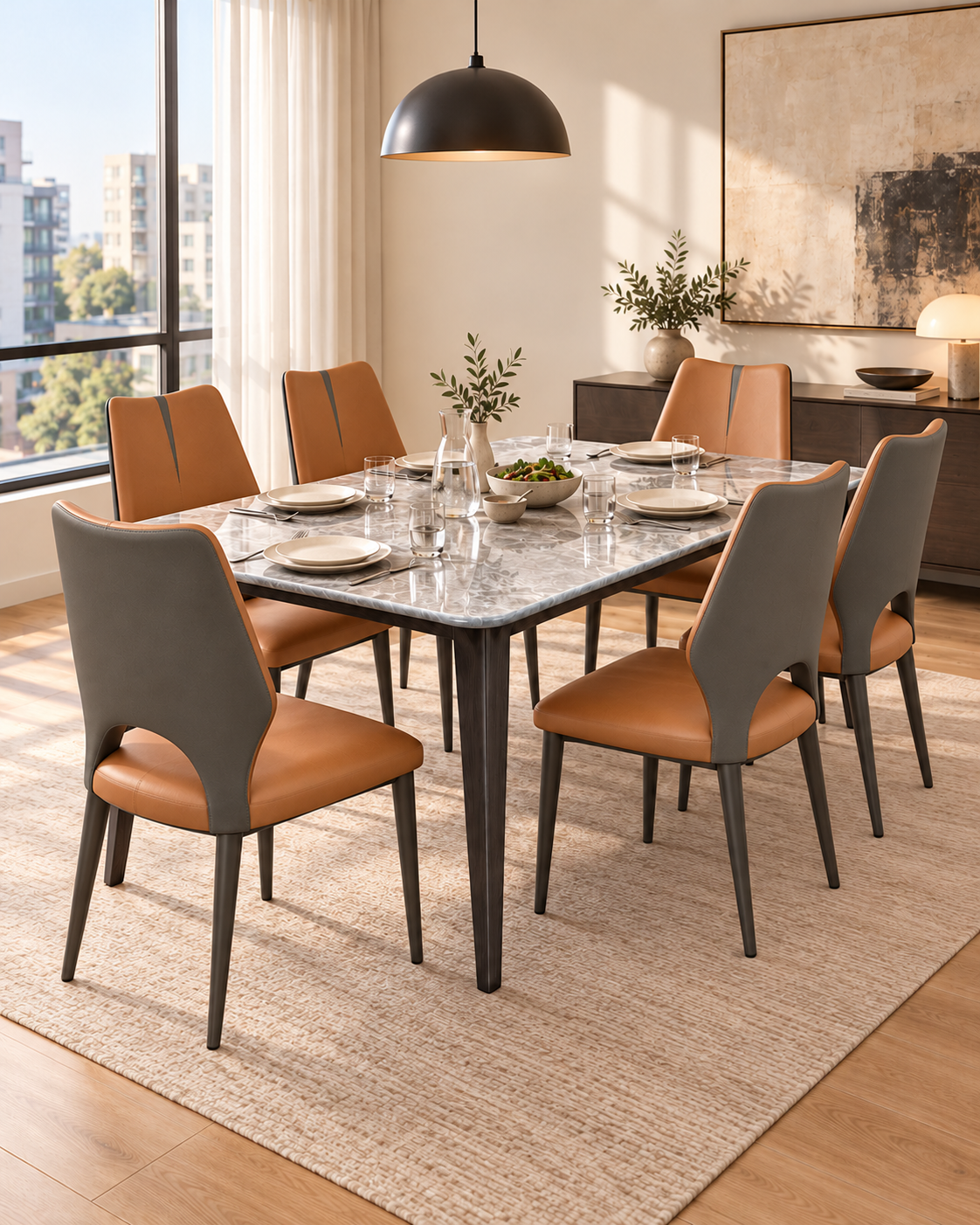 EMBER dining set with grey stone-face table and AMBER chairs — lifestyle visualisation
