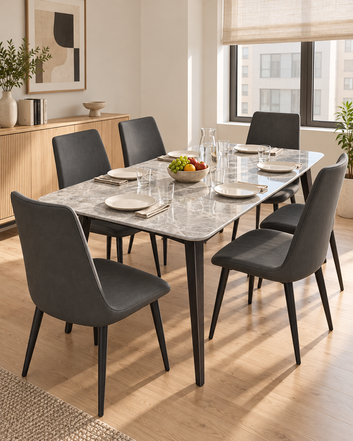 NOIR dining set with grey stone-face table and RAVEN chairs — lifestyle visualisation