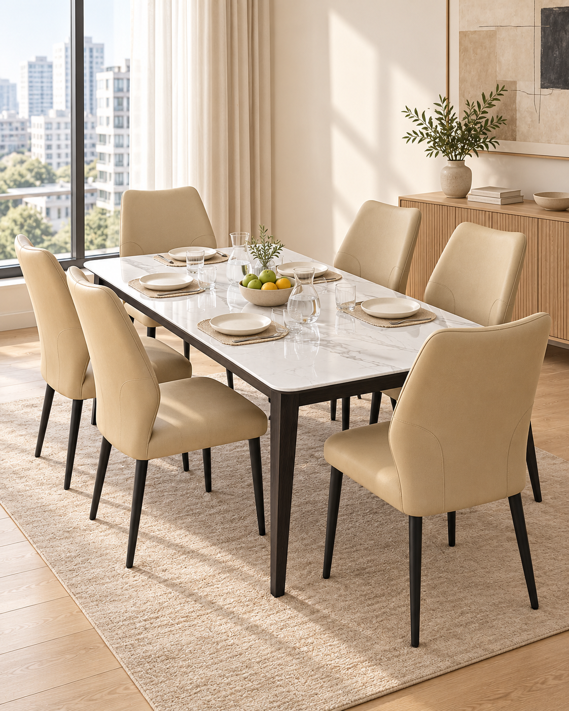 SOLACE dining set with white stone-face table and MOCHA chairs — lifestyle visualisation