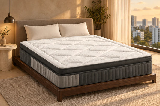 Dream Suite mid-firm mattress in an elegant city bedroom at golden hour — styling visualisation