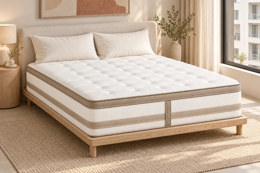 Fresh Dream mattress with cream and taupe detailing in a bright contemporary apartment bedroom — styling visualisation