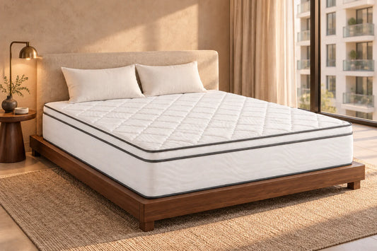 Kloud Euro Top white quilted mattress on a walnut platform in a warm apartment bedroom — styling visualisation
