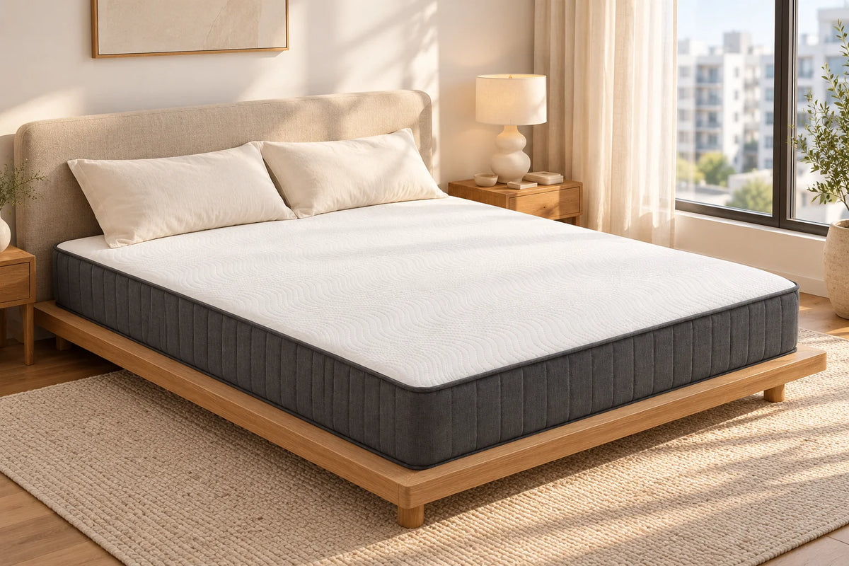 Memory Plus mattress in a sunlit contemporary city bedroom — styling visualisation