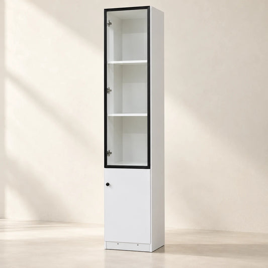 NOVA BC400 white bookcase with three glass display bays above a lower cupboard, in a warm ivory studio — styling visualisation