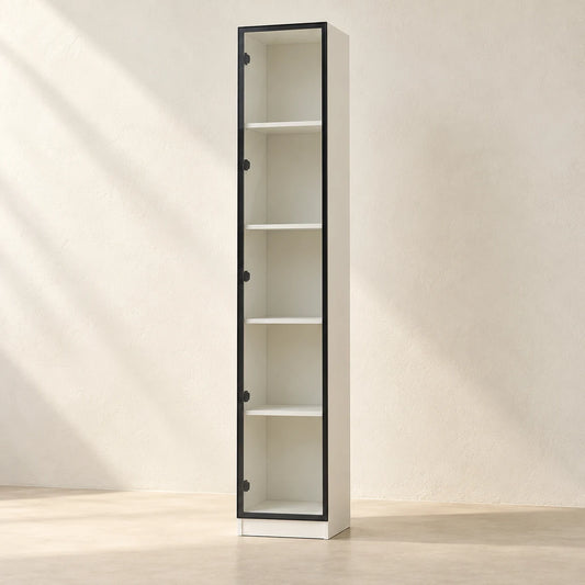 NOVA GC400 white glass cabinet with five display bays and a slim black door frame, in a warm ivory studio — styling visualisation