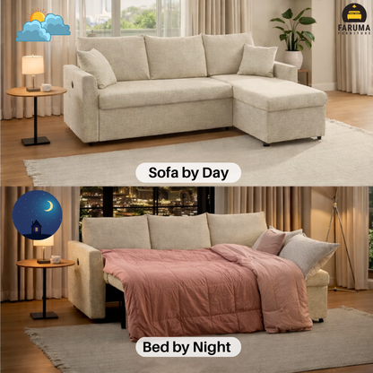 Sectional sofa that transforms into a bed, shown in two settings: by day and by night.