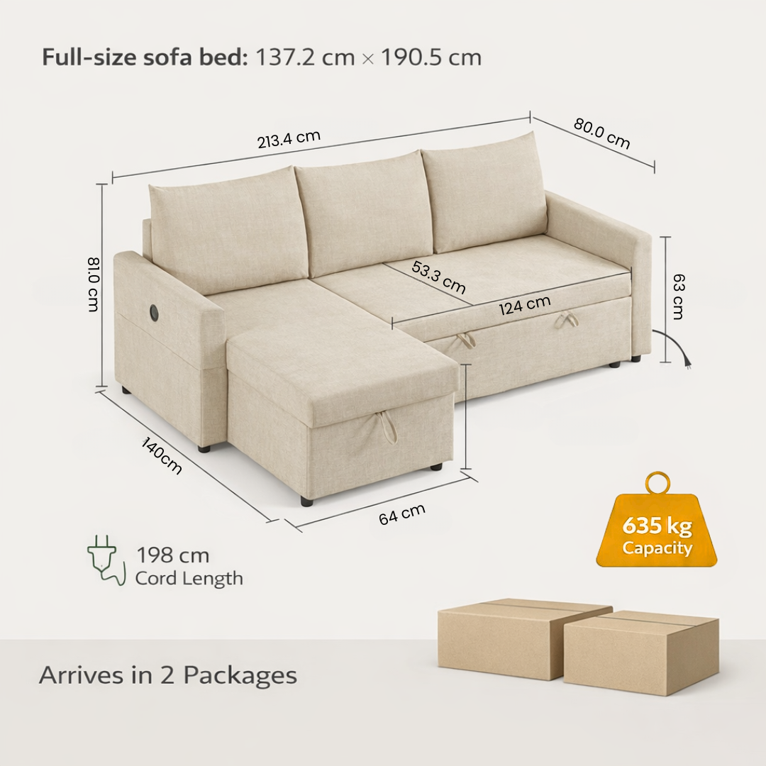 Beige sectional sofa bed with dimensions and capacity details on a white background