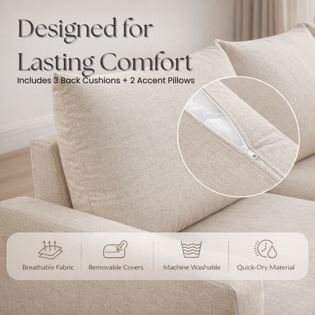 Beige sofa with cushions and pillows, featuring text about comfort and product features.