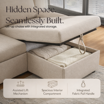 Beige lift-up chaise with integrated storage compartment, showing assisted lift mechanism, spacious interior, and fabric pull handle.