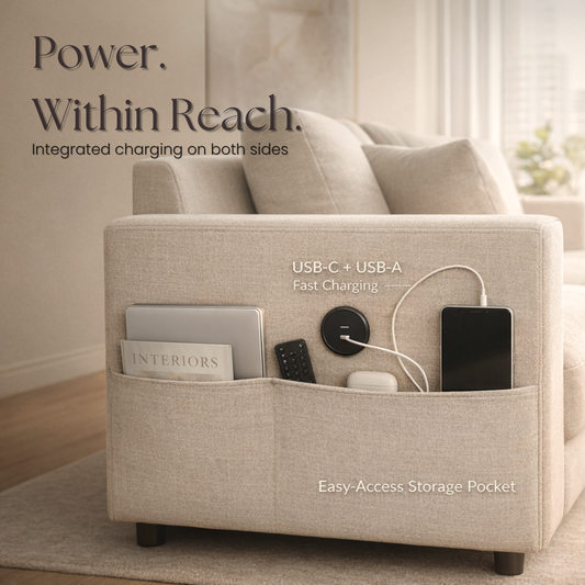 Beige storage ottoman with charging ports and electronic devices in a living room setting.