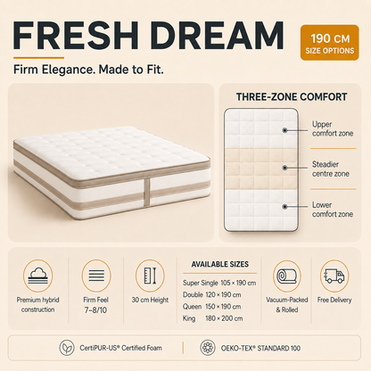Fresh Dream three-zone comfort, 7 to 8 firmness and 190 cm mattress sizes