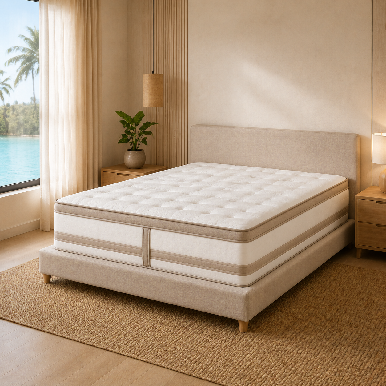 A high-profile mattress on a matching upholstered bed frame, styled in a modern, sunlit bedroom with a window overlooking a tropical ocean view.