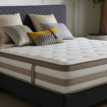 Ivory tufted surface and warm taupe side detailing of the Fresh Dream mattress