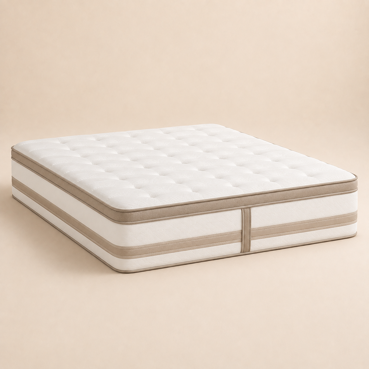 A tufted mattress with a white quilted top and beige side stripes, shown at an angle on a solid beige background.