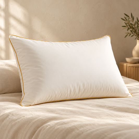 VELINENS Gold Line Duck Down Pillow · 51 × 76 cm on an ivory bed at Faruma Furniture Maldives