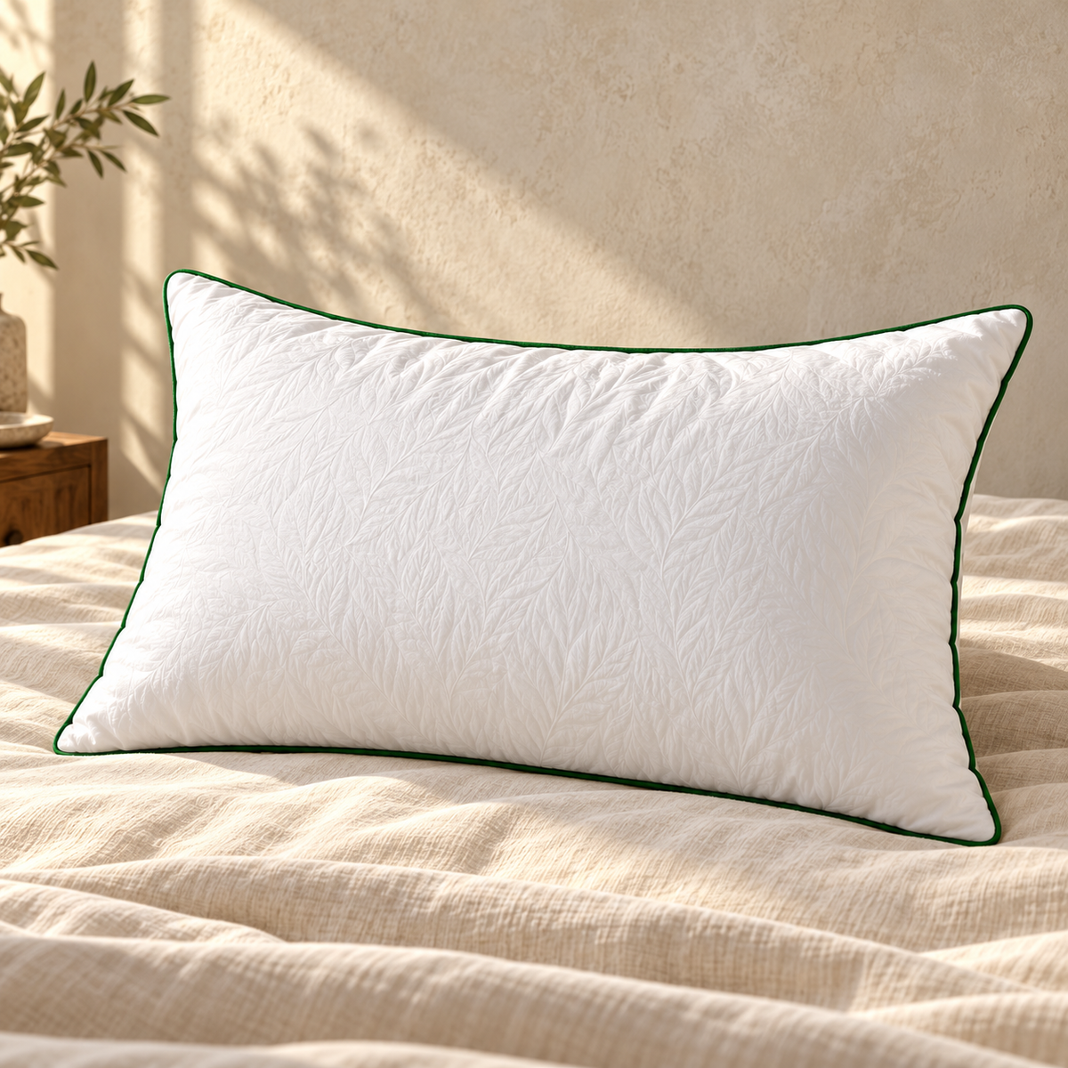 VELINENS Green Line Comfort Gel Pillow · 50 × 76 cm on an ivory bed at Faruma Furniture Maldives