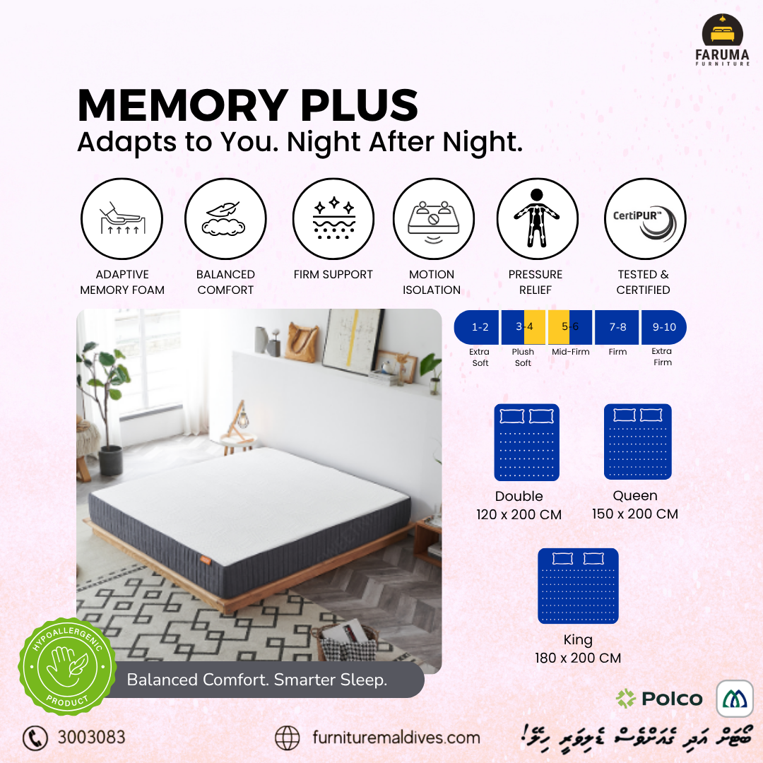 Grey side panel, piping and Faruma label on the Memory Plus mattress
