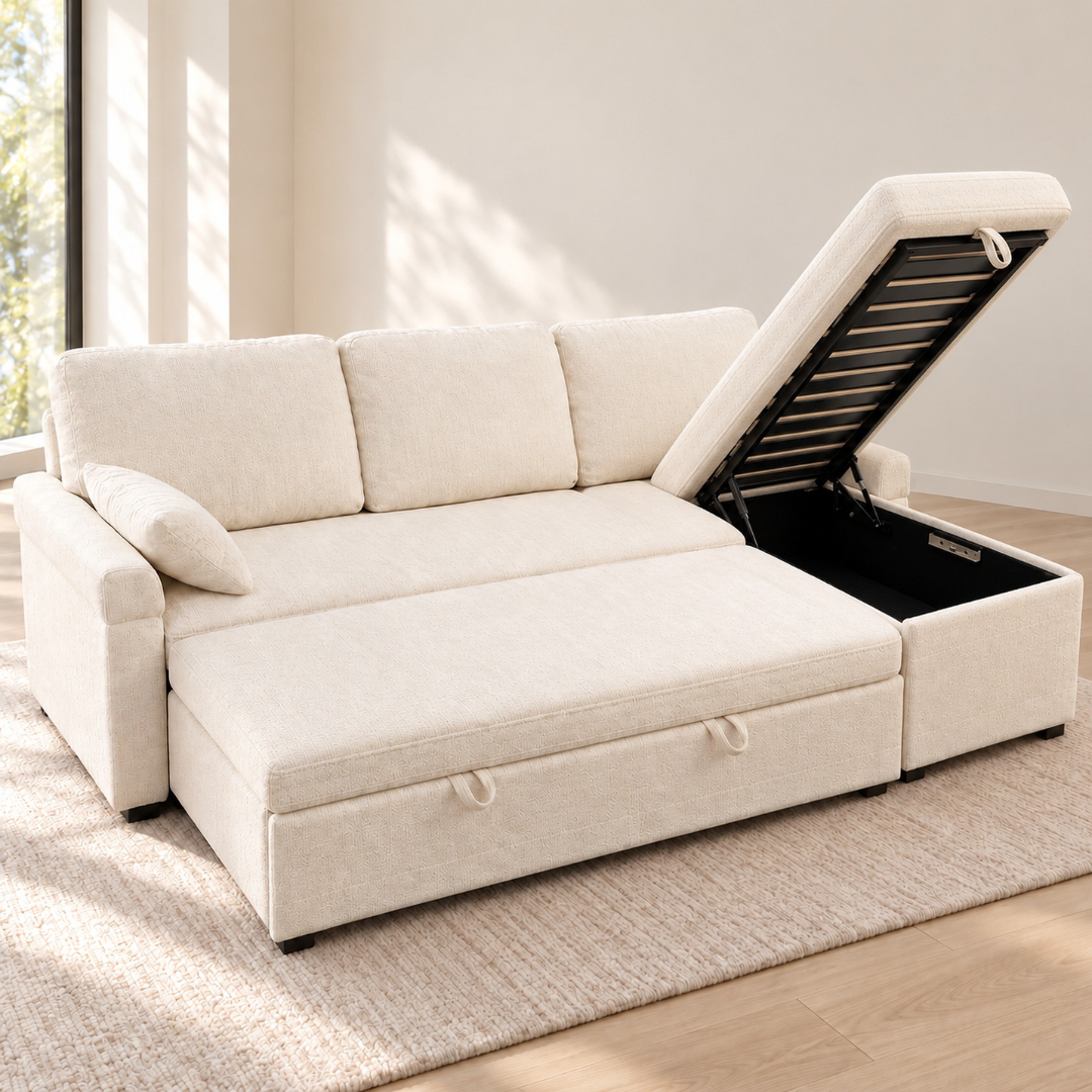 MINIMO Cream sofa bed with pull-out and concealed chaise storage open