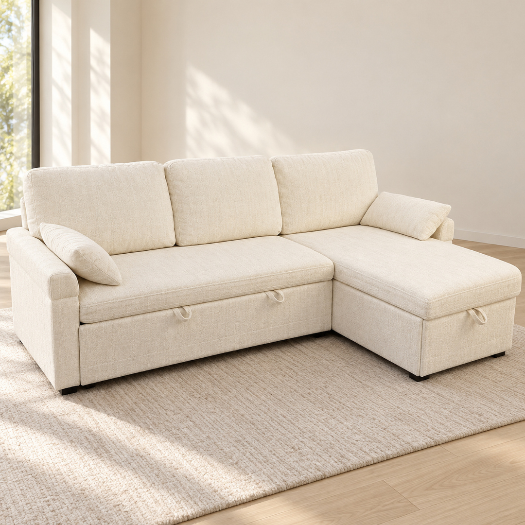 MINIMO Cream reversible chaise sofa bed in closed seating configuration